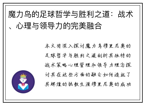 魔力鸟的足球哲学与胜利之道：战术、心理与领导力的完美融合