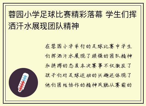 蓉园小学足球比赛精彩落幕 学生们挥洒汗水展现团队精神
