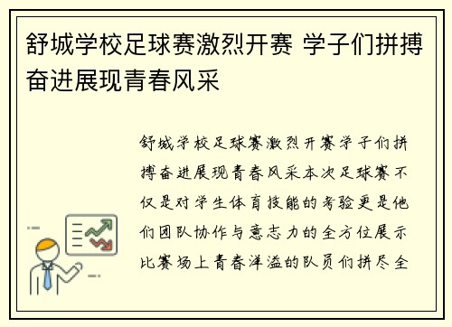 舒城学校足球赛激烈开赛 学子们拼搏奋进展现青春风采