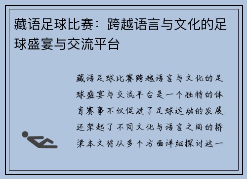 藏语足球比赛：跨越语言与文化的足球盛宴与交流平台