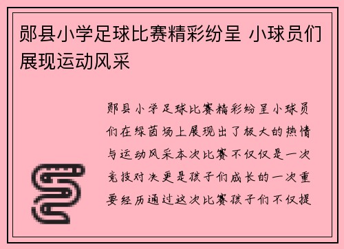 郧县小学足球比赛精彩纷呈 小球员们展现运动风采