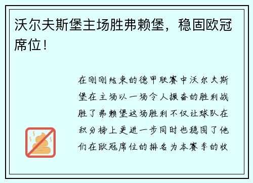 沃尔夫斯堡主场胜弗赖堡，稳固欧冠席位！
