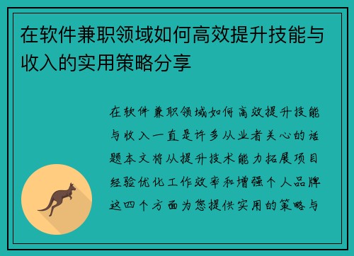 在软件兼职领域如何高效提升技能与收入的实用策略分享