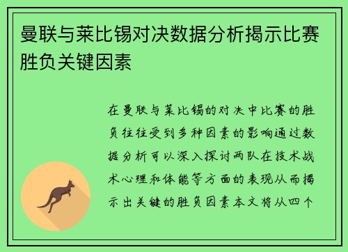 曼联与莱比锡对决数据分析揭示比赛胜负关键因素