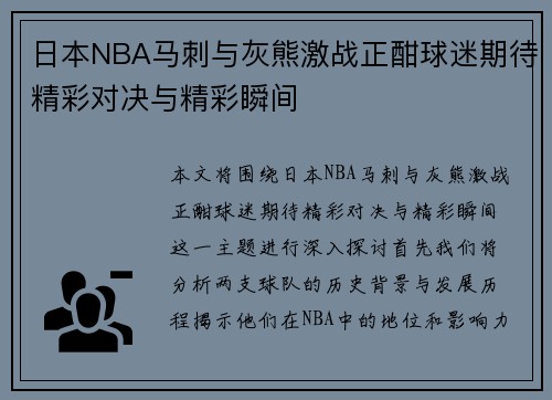日本NBA马刺与灰熊激战正酣球迷期待精彩对决与精彩瞬间