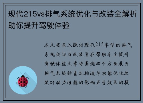 现代215vs排气系统优化与改装全解析助你提升驾驶体验
