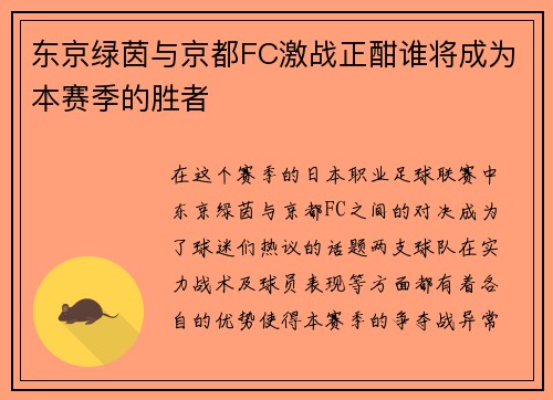 东京绿茵与京都FC激战正酣谁将成为本赛季的胜者
