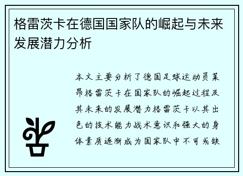 格雷茨卡在德国国家队的崛起与未来发展潜力分析