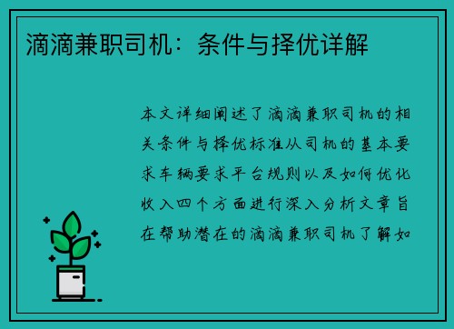 滴滴兼职司机：条件与择优详解