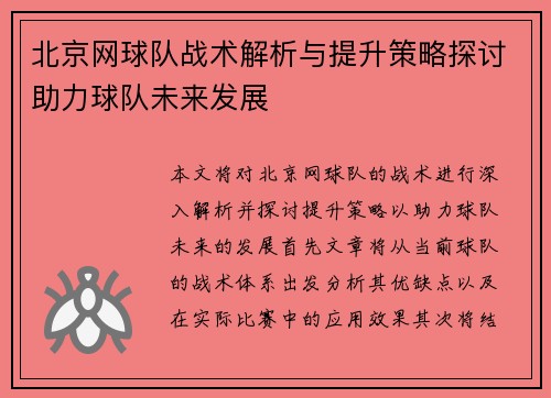 北京网球队战术解析与提升策略探讨助力球队未来发展