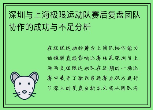 深圳与上海极限运动队赛后复盘团队协作的成功与不足分析