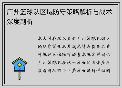 广州篮球队区域防守策略解析与战术深度剖析